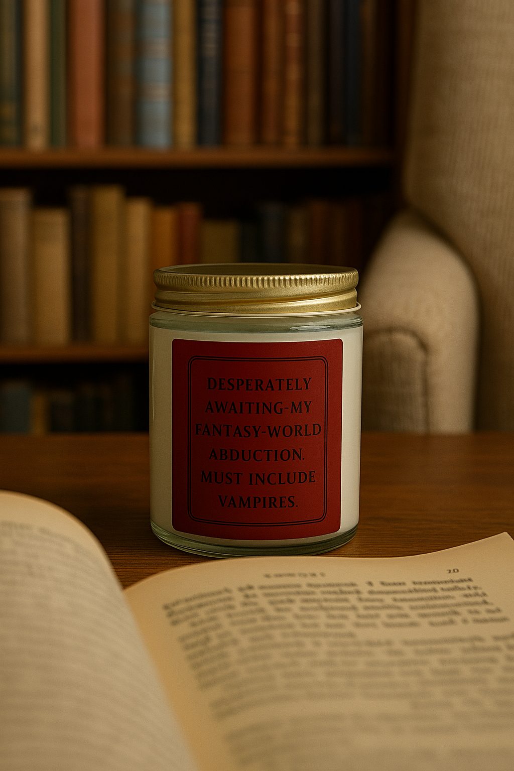 Desperately Awaiting My Fantasy-World Abduction | Vampire Candle | Dark Romance Candle | Bookish Gift | Book Girl World